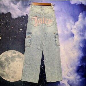 Juicy Couture Pink Logo Cargo Jeans Y2K Wide Leg Raw Hem Size 0/24 Lunita